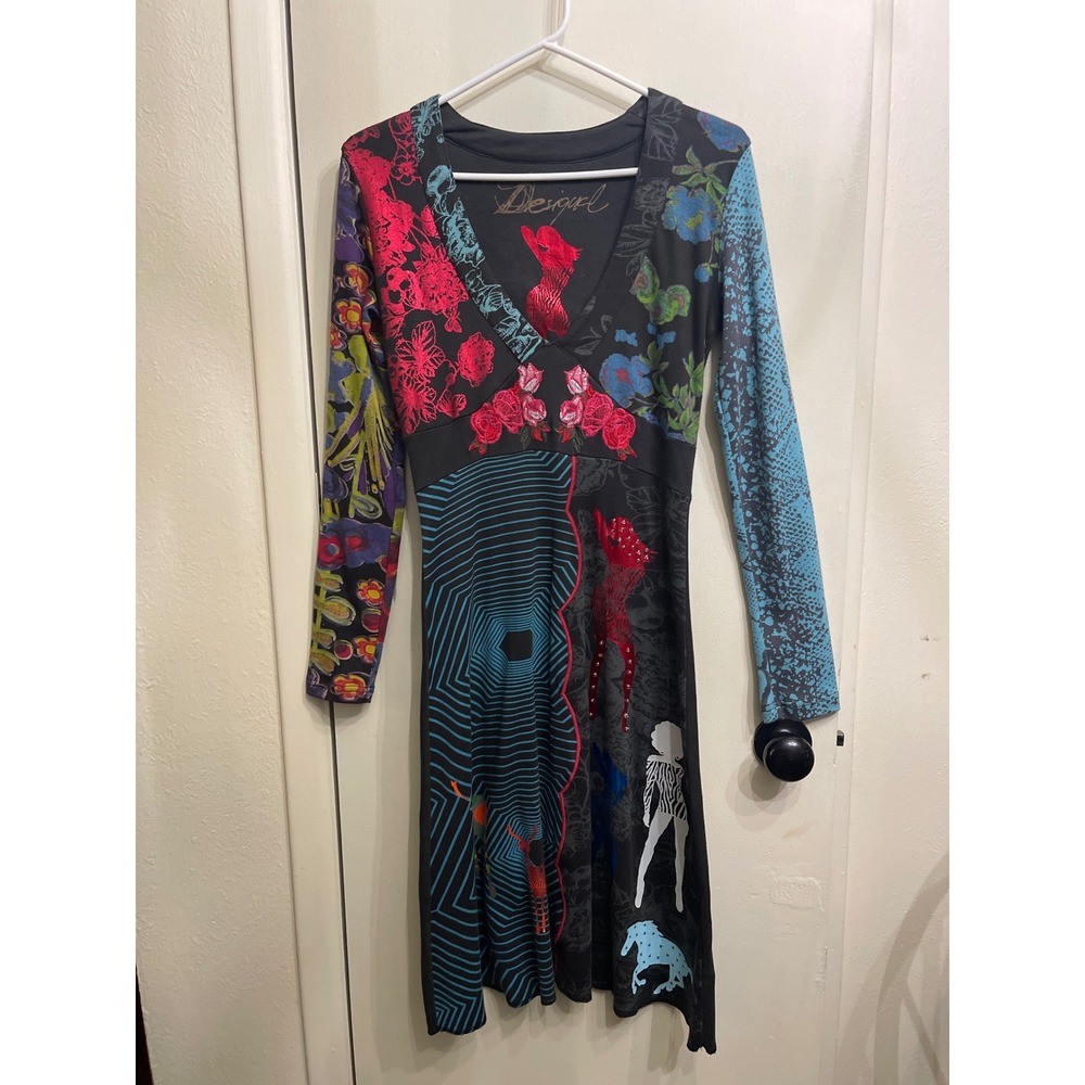 Desigual Long Sleeve V-Neck Patchwork Floral Graphic Print Dress Black Multi L